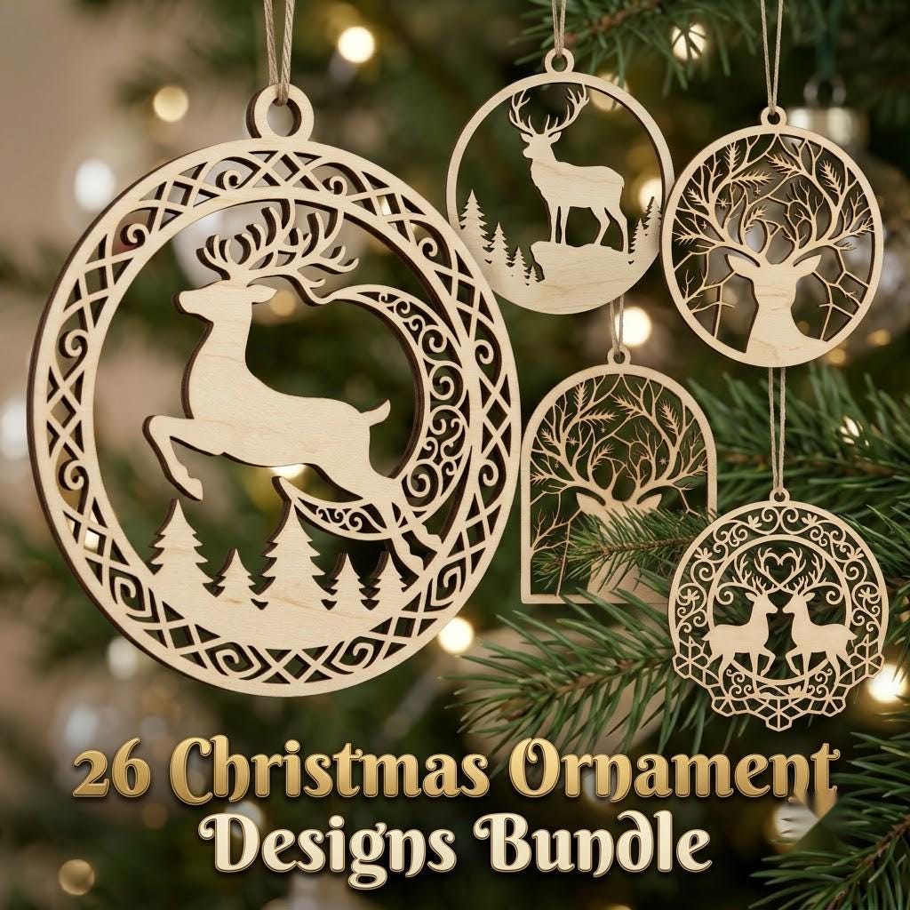 Woodland Reindeer Christmas Ornament Laser File, Winter Forest Mountain Bundle