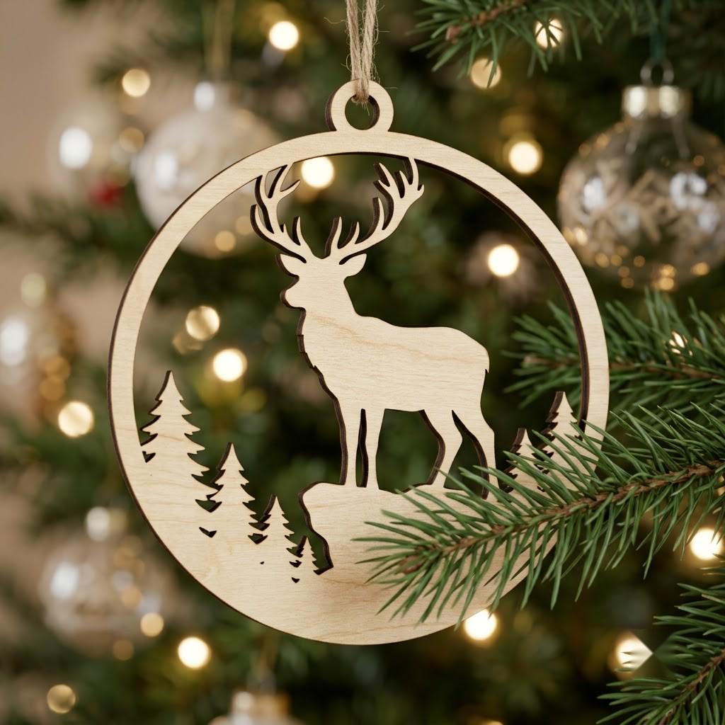Woodland Reindeer Christmas Ornament Laser File, Winter Forest Mountain Bundle
