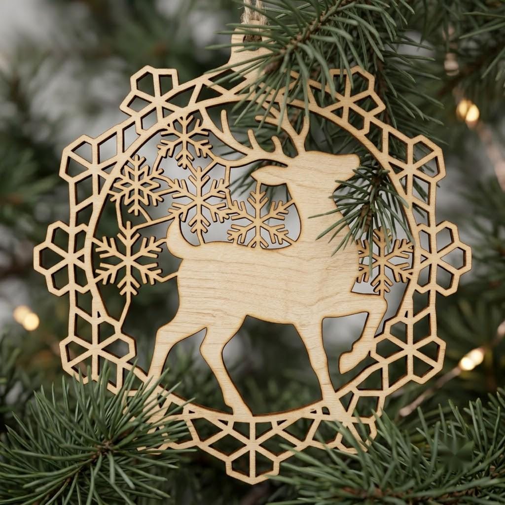 Woodland Reindeer Christmas Ornament Laser File, Winter Forest Mountain Bundle