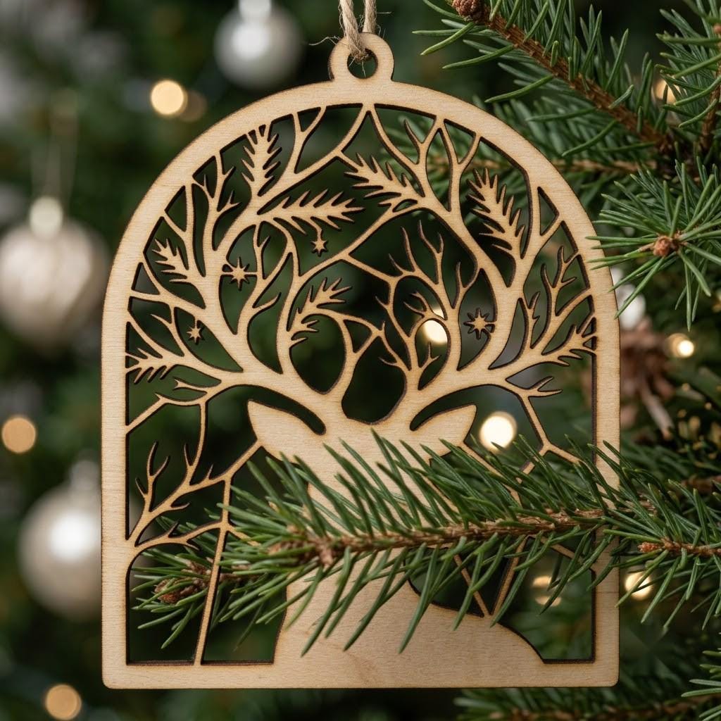Woodland Reindeer Christmas Ornament Laser File, Winter Forest Mountain Bundle