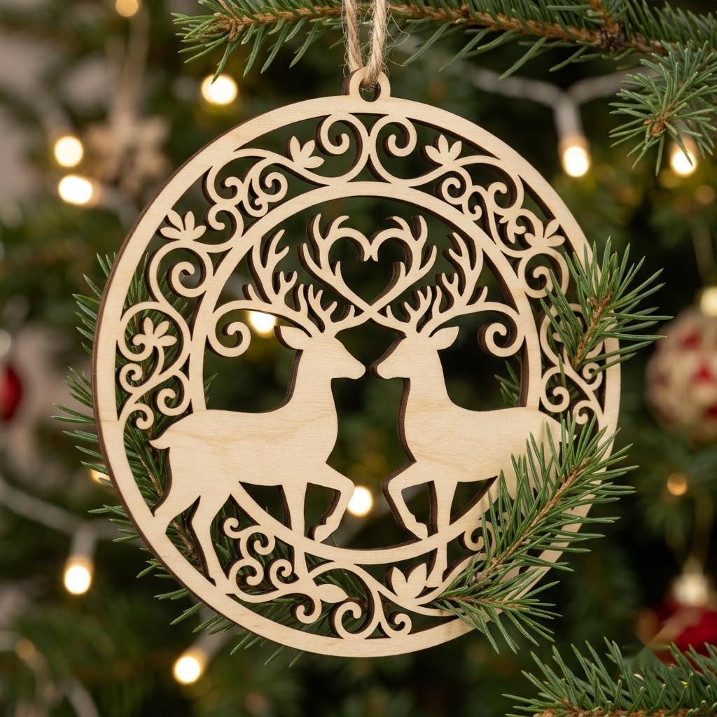Woodland Reindeer Christmas Ornament Laser File, Winter Forest Mountain Bundle