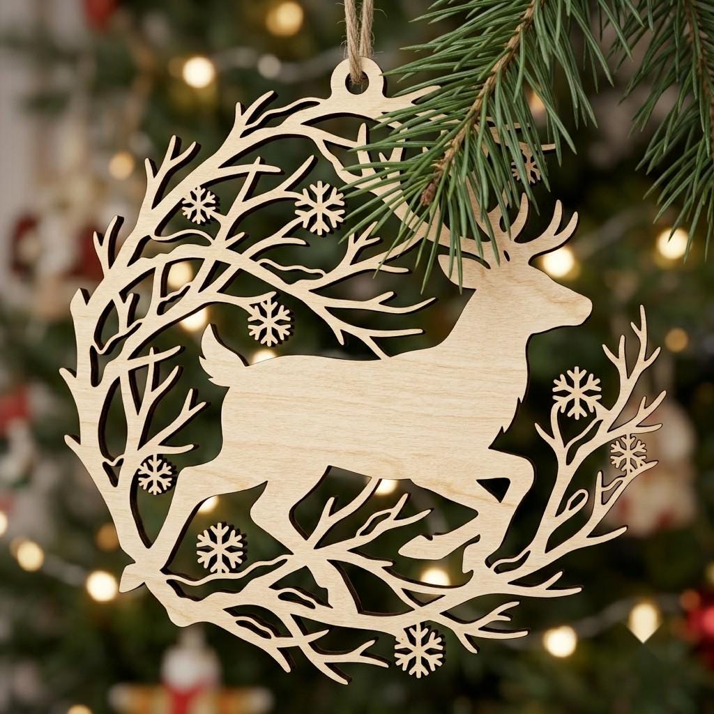 Woodland Reindeer Christmas Ornament Laser File, Winter Forest Mountain Bundle